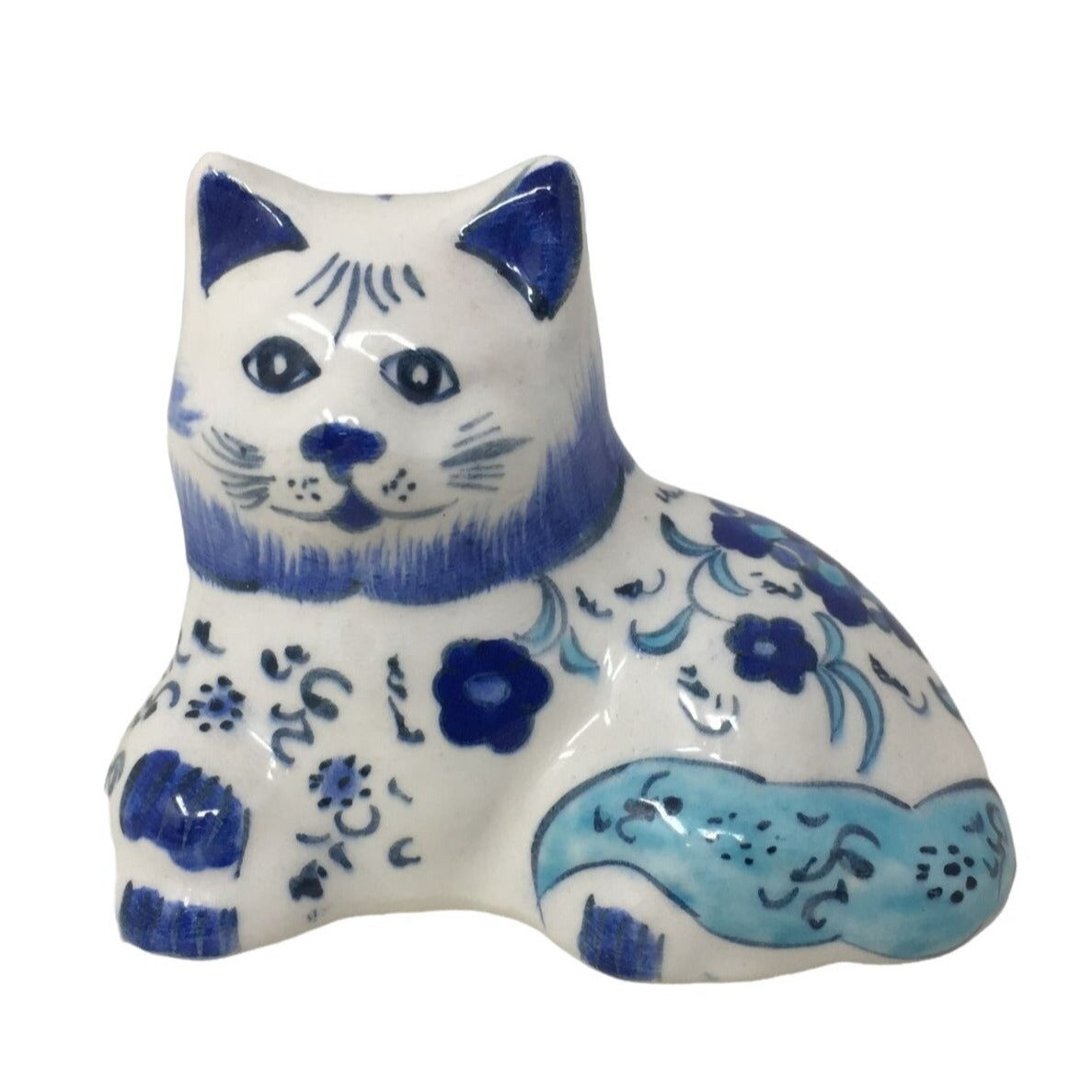 Cute Vintage Cat Figurine - Country Blue Floral Pattern - signed on bottom.