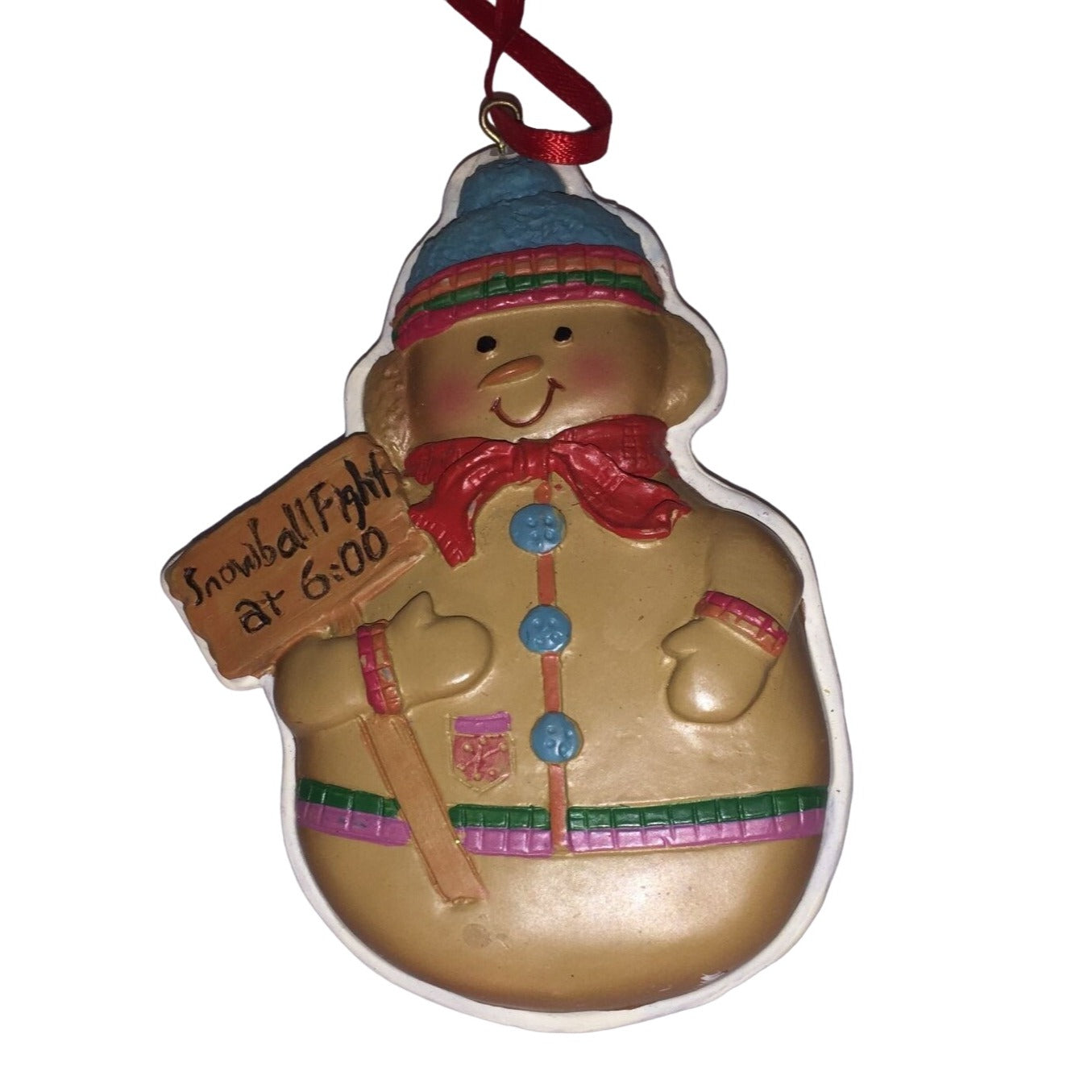 Holiday Christmas Tree Ornament Snowman holding Sign "Snowball Fight at 6:00"