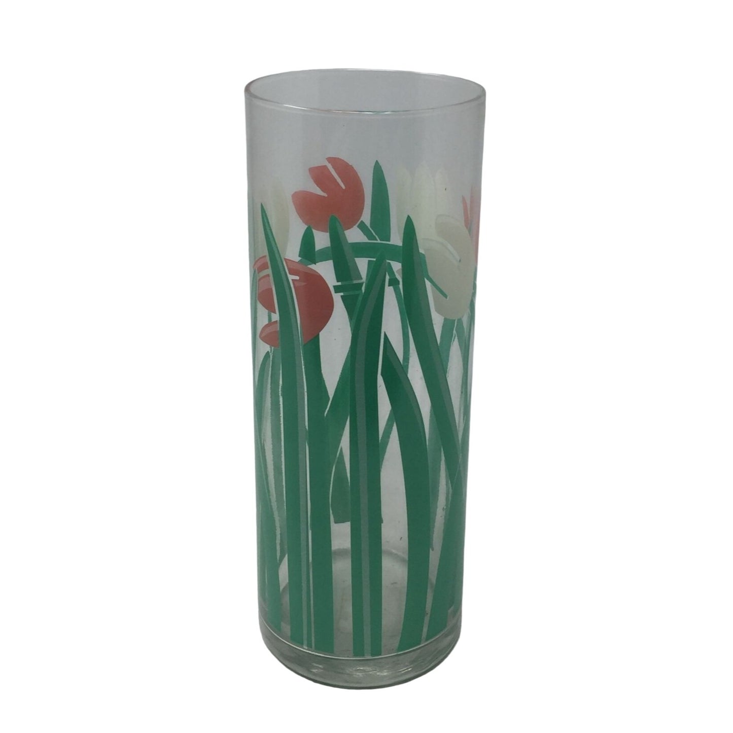 Tall Clear Glass Flower Vase with Pink & White Tulips on it