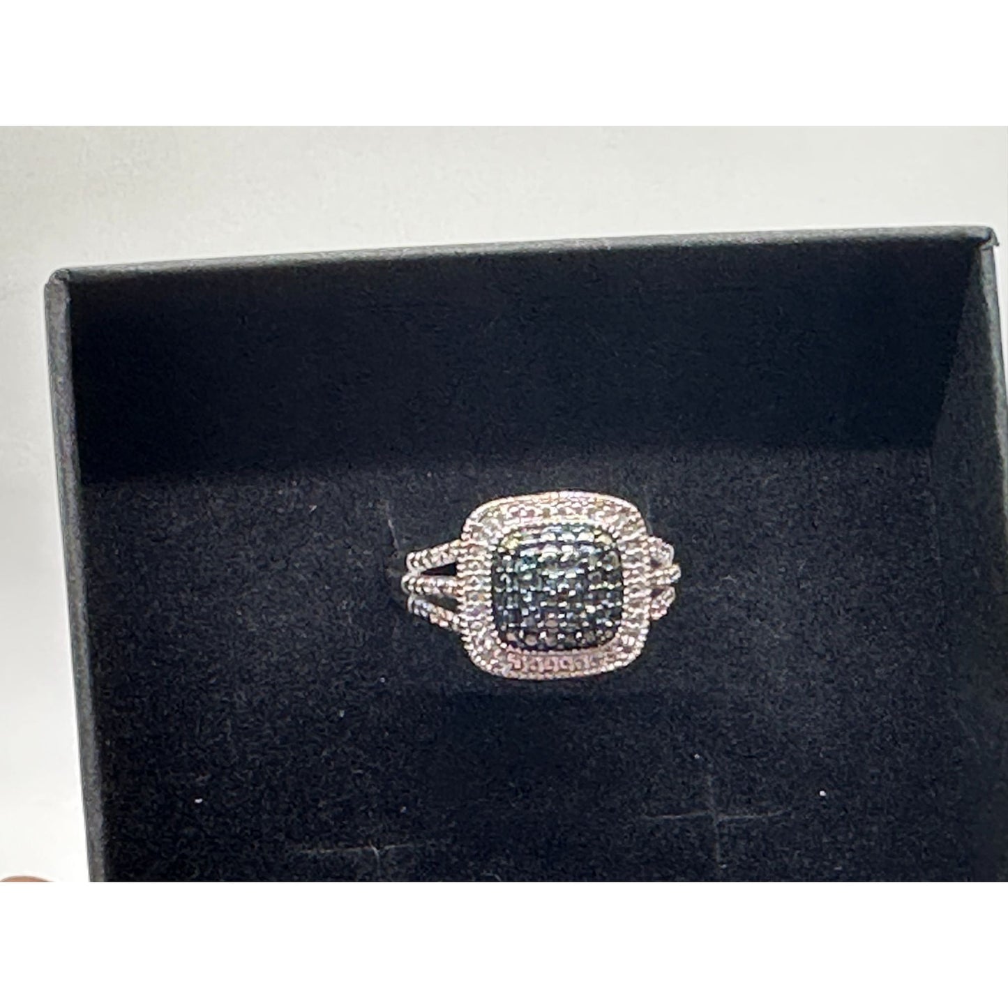 Genuine Blue Diamond Ring Size 7 - Pretty Cushion Cut Diamond Accent