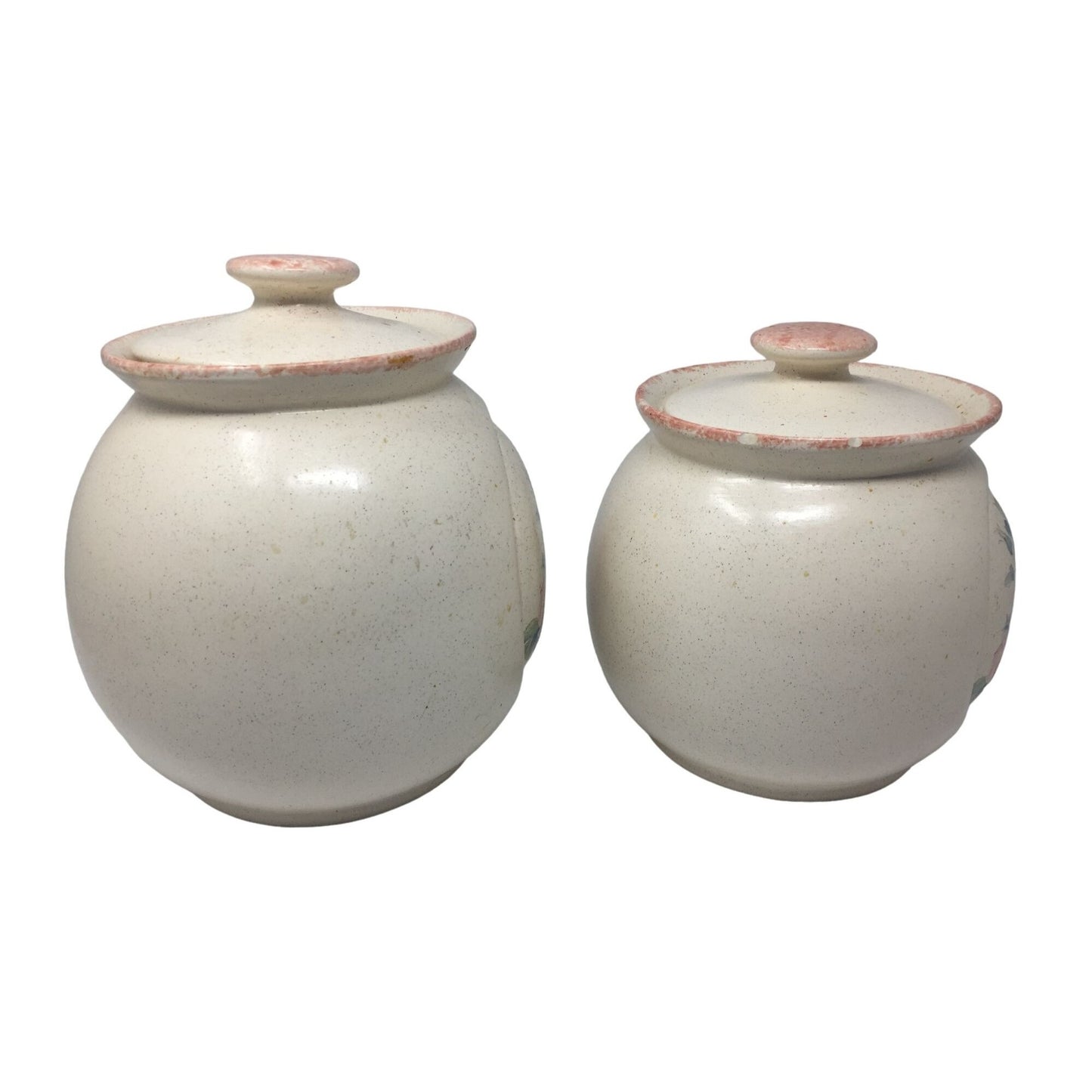 Vintage Pair of Round Lidded Jars With Flower Pattern of the Front