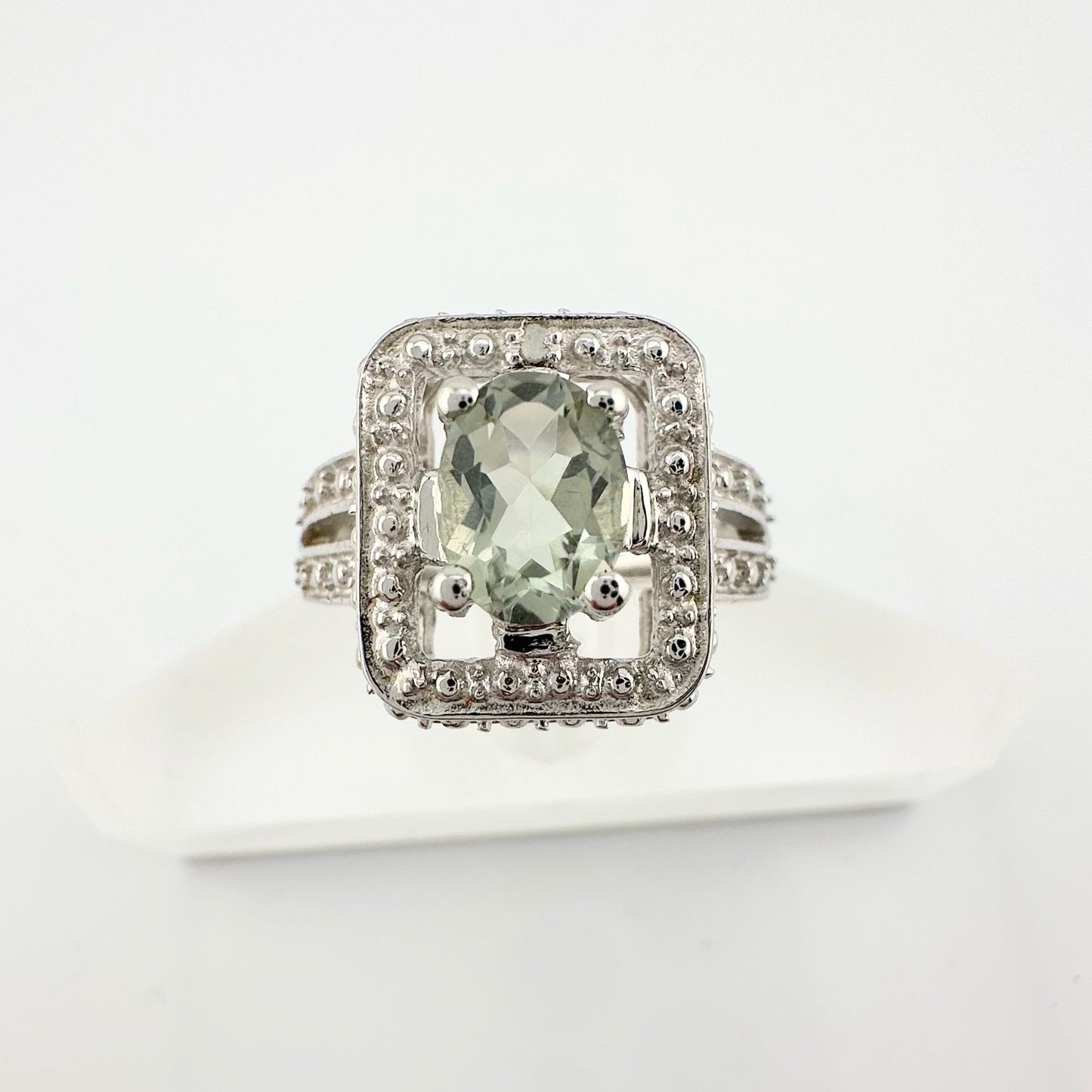 Beautiful Natural Light Green Amethyst Ring with small Diamond - Sterling Silver Size 6