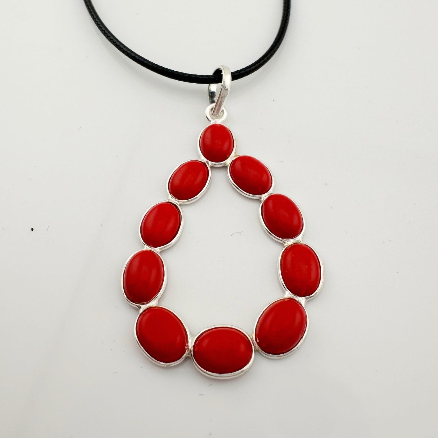 Flirty and Fun Red Coral Teardrop Necklace with Black Leather Cable Chain