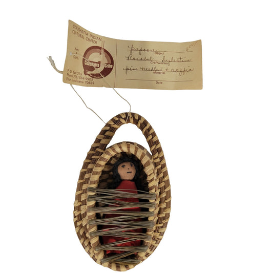 Vintage Handmade Papoose Doll in Cradle Made From Pine Needles & Raffia