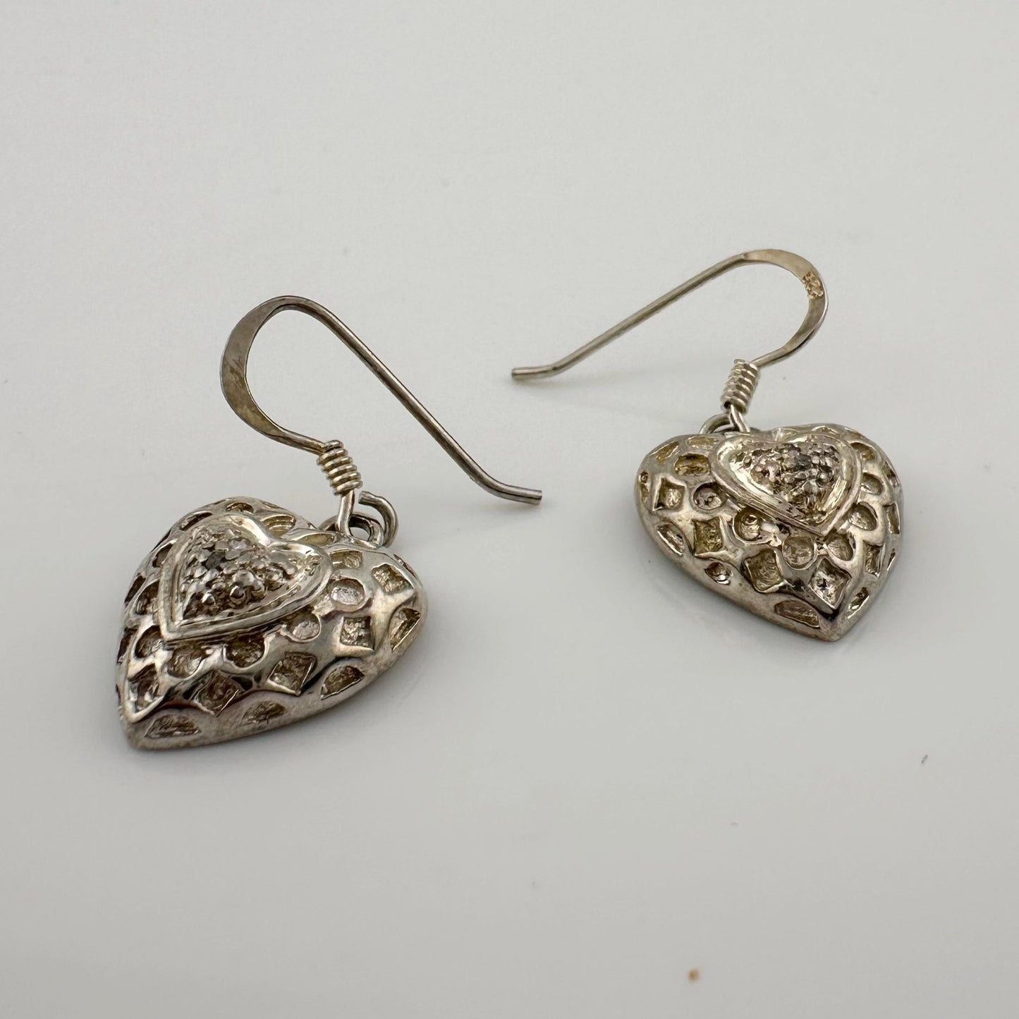 Sterling Silver Heart Dangle Earrings with Small Genuine Diamond in Center