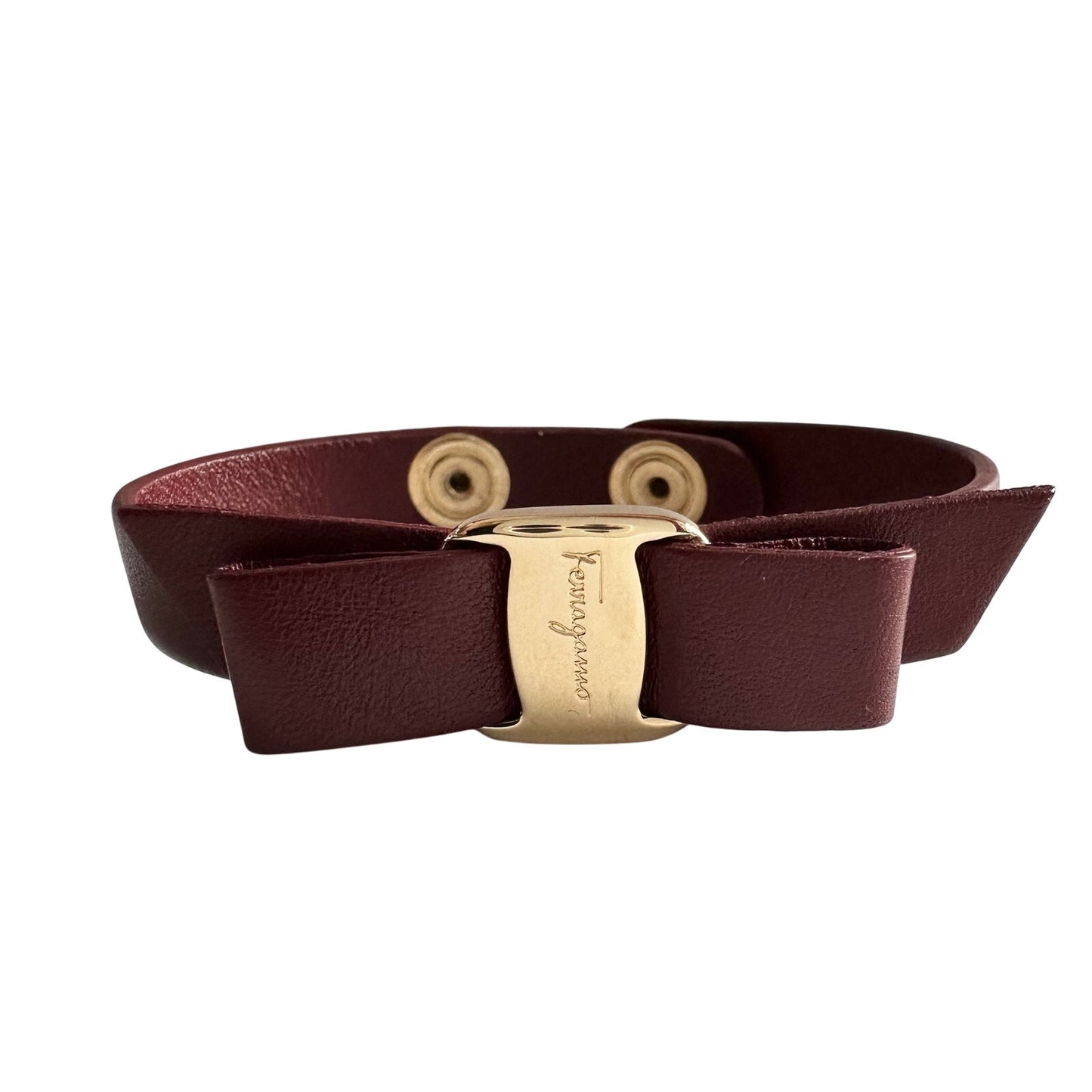 Salvatore Ferragamo Aubergine Leather Vara Bow Bracelet Deep Reddish Brown
