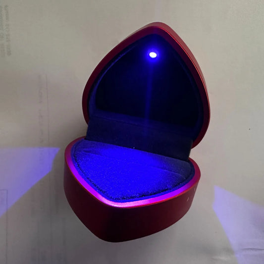 Red Heart LED Ring Box - Hard Metallic Red Exterior with Black Velvet interior - Blue Tint LED Light - A+ Stuff