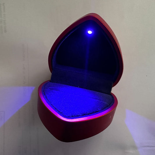 Red Heart LED Ring Box - Hard Metallic Red Exterior with Black Velvet interior - Blue Tint LED Light