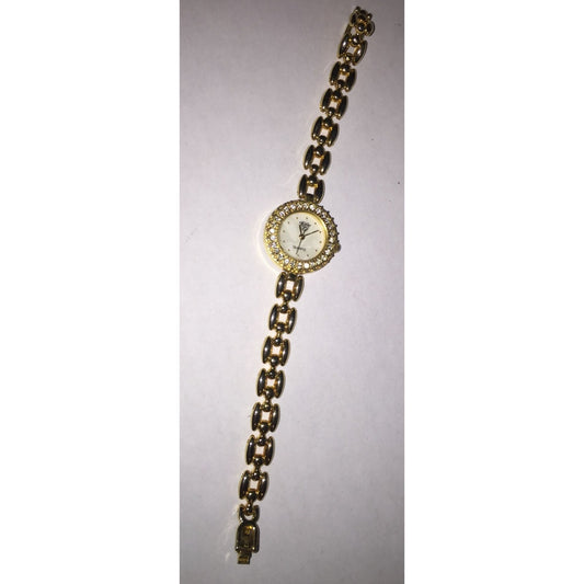 Womens Elizabeth Taylor Quartz Watch Gold Tone w/ Rhinestones