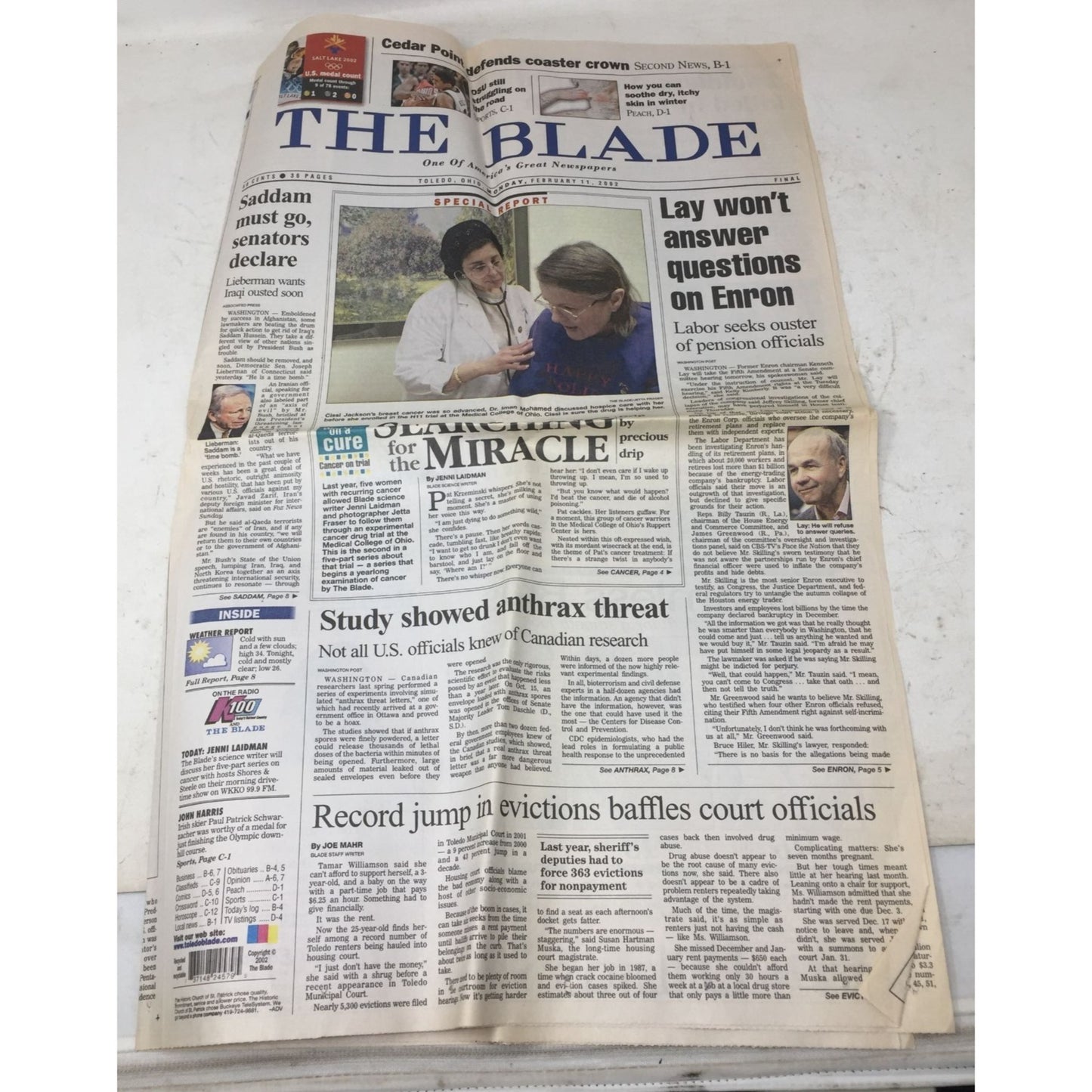 Vintage Collectible Newspaper The Blade Feb. 11, 2002