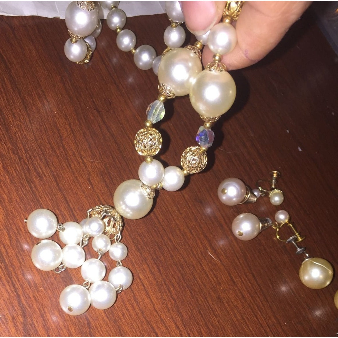 Womens Faux Pearl and Crystal Drop Necklace with 2 Pairs of Earrings