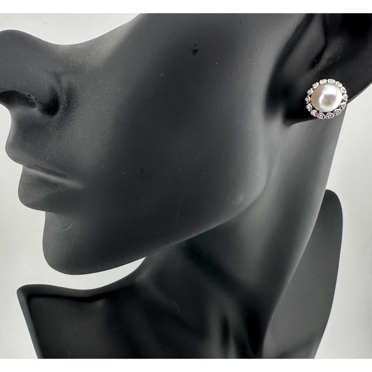 Lovely Pearl Halo Stud Earrings- 8.5mm - Sterling Silver (.925)