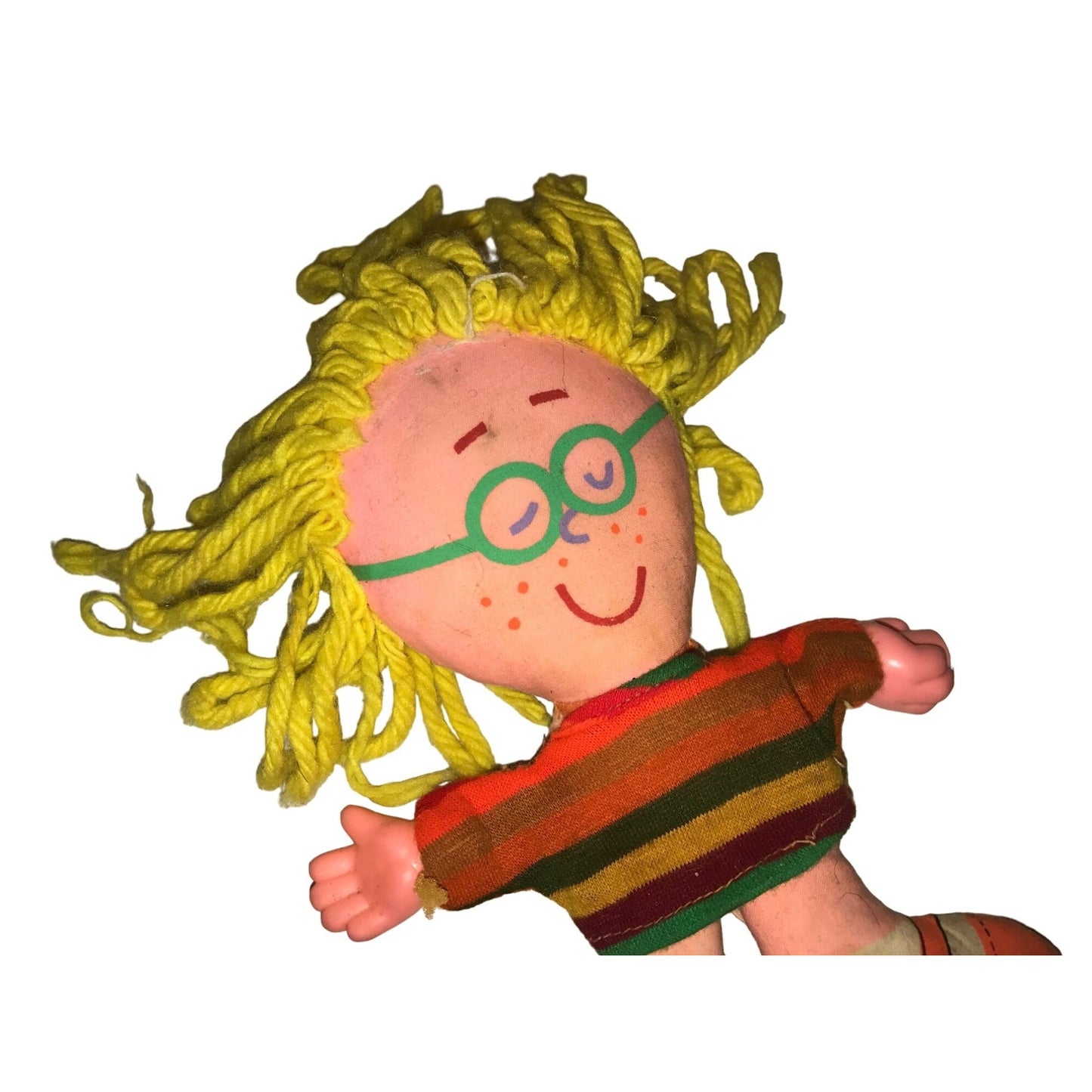 Vintage 1970s Rag Doll with Yellow Yarn Hair, Wearing Green Glasses & Striped Dress