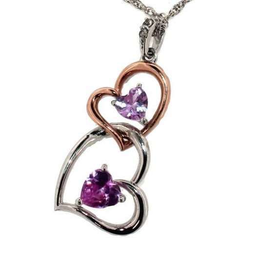 Beautiful 10Kt Gold & Sterling Silver Double HeartNecklace w Heart Shaped Gemstones