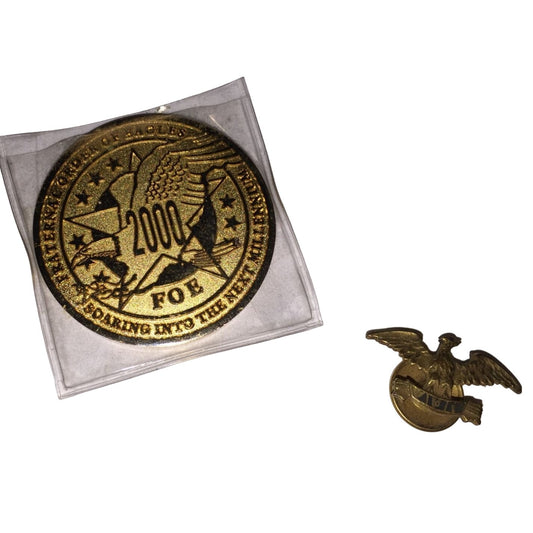 Fraternal Order of Eagles Gold Tone Lapel Pin and Commemorative Coin