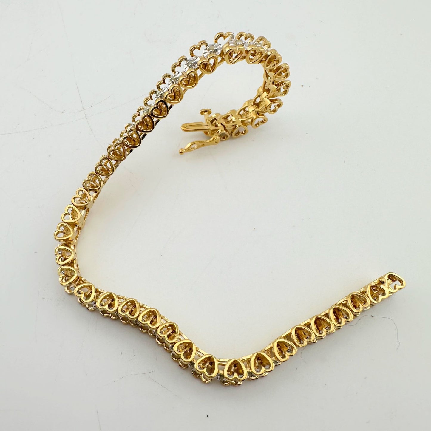 1/2 Carat Diamond Bracelet w Heart Pattern on Side 14kt Gold Overlay Sterling