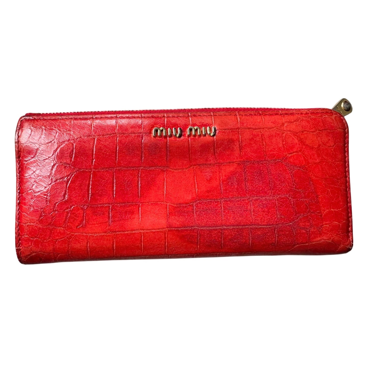 Miu Miu Red Croc Embossed Leather Zip Around Wallet with Original Box