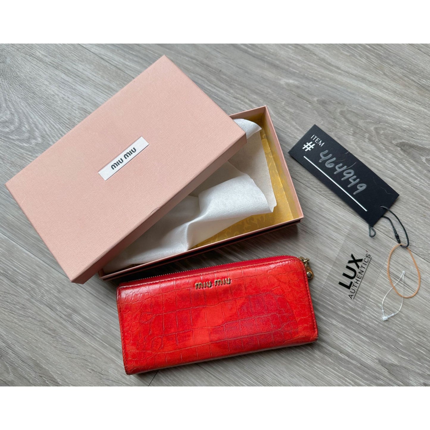 Miu Miu Red Croc Embossed Leather Zip Around Wallet with Original Box