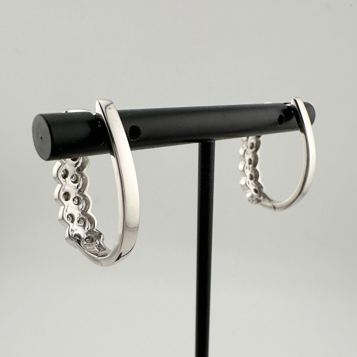Elegant Natural Diamond Wave Hoop Earrings - Elongated Design w Sterling Silver Illusion Setting