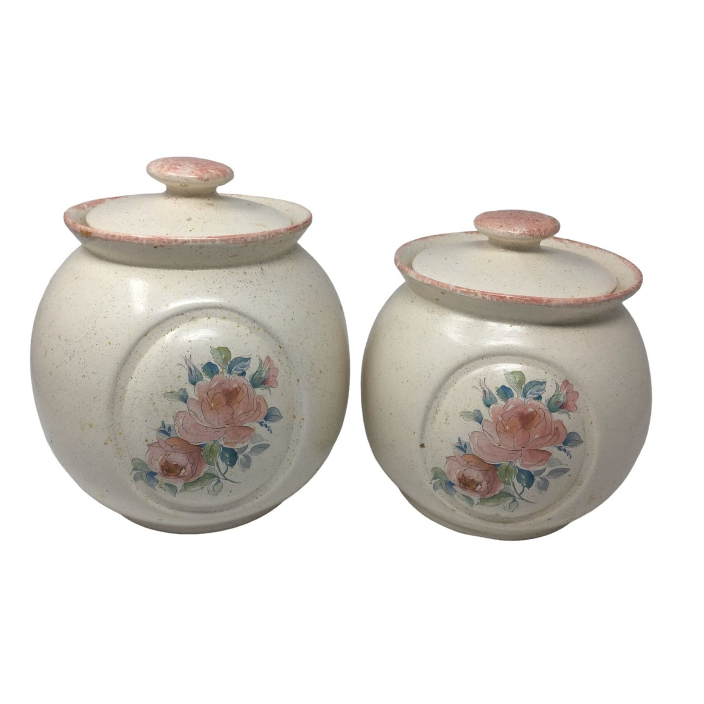 Vintage Pair of Round Lidded Jars With Flower Pattern of the Front