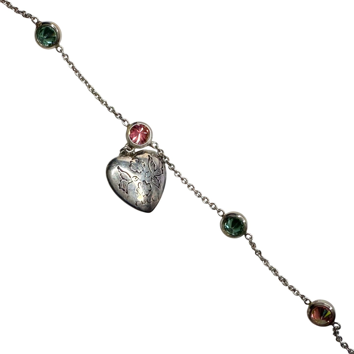 Gucci 'Blind for Love' Engraved Heart Bracelet w Rose Pink & Green Stones