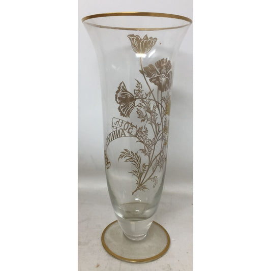 50th Anniversary Tall Clear Glass Footed Vase with Gold Tone Flowers