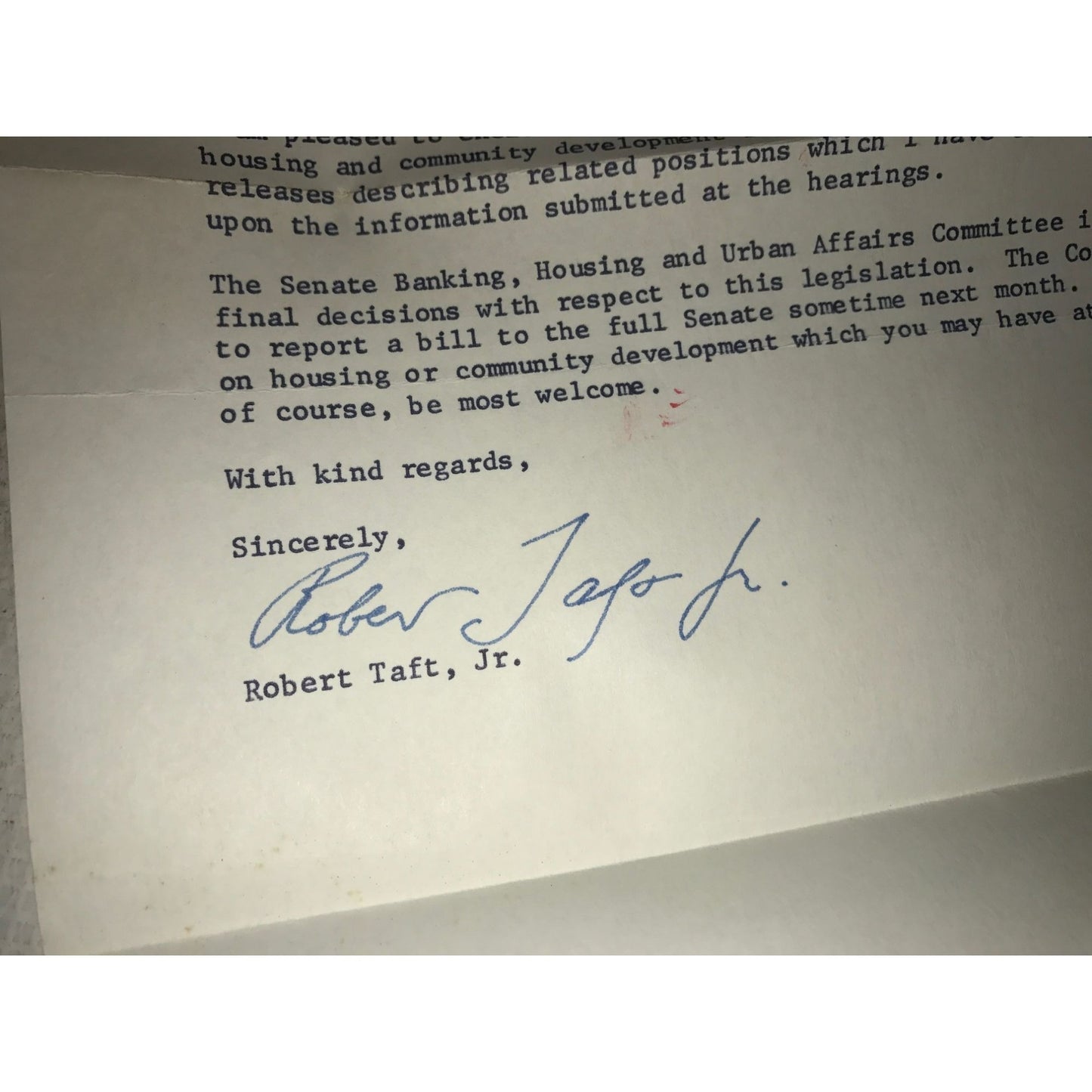 Robert Taft Jr Signed letter and article from newspaper - stapled into Booklet