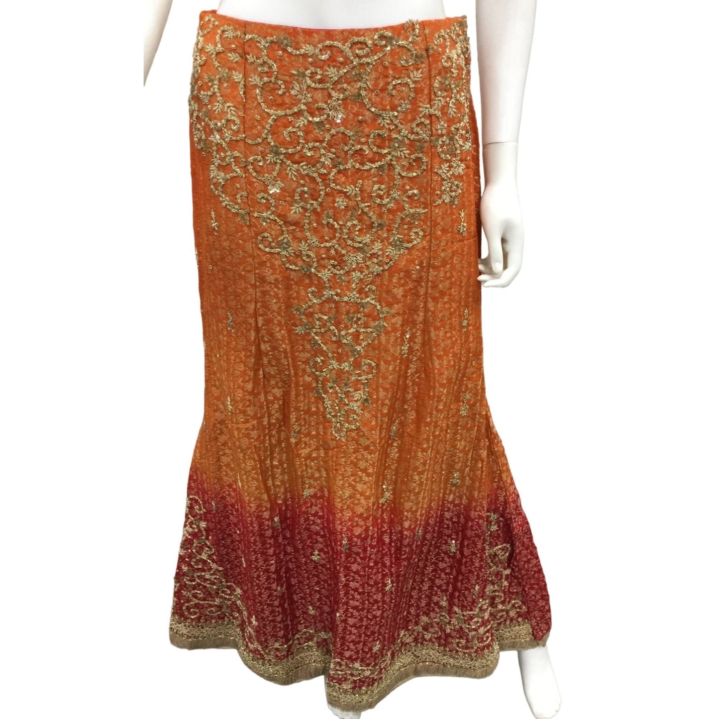 Women's Beaded Silk Orange & Red Crepe Lehanga Skirt & Shirt