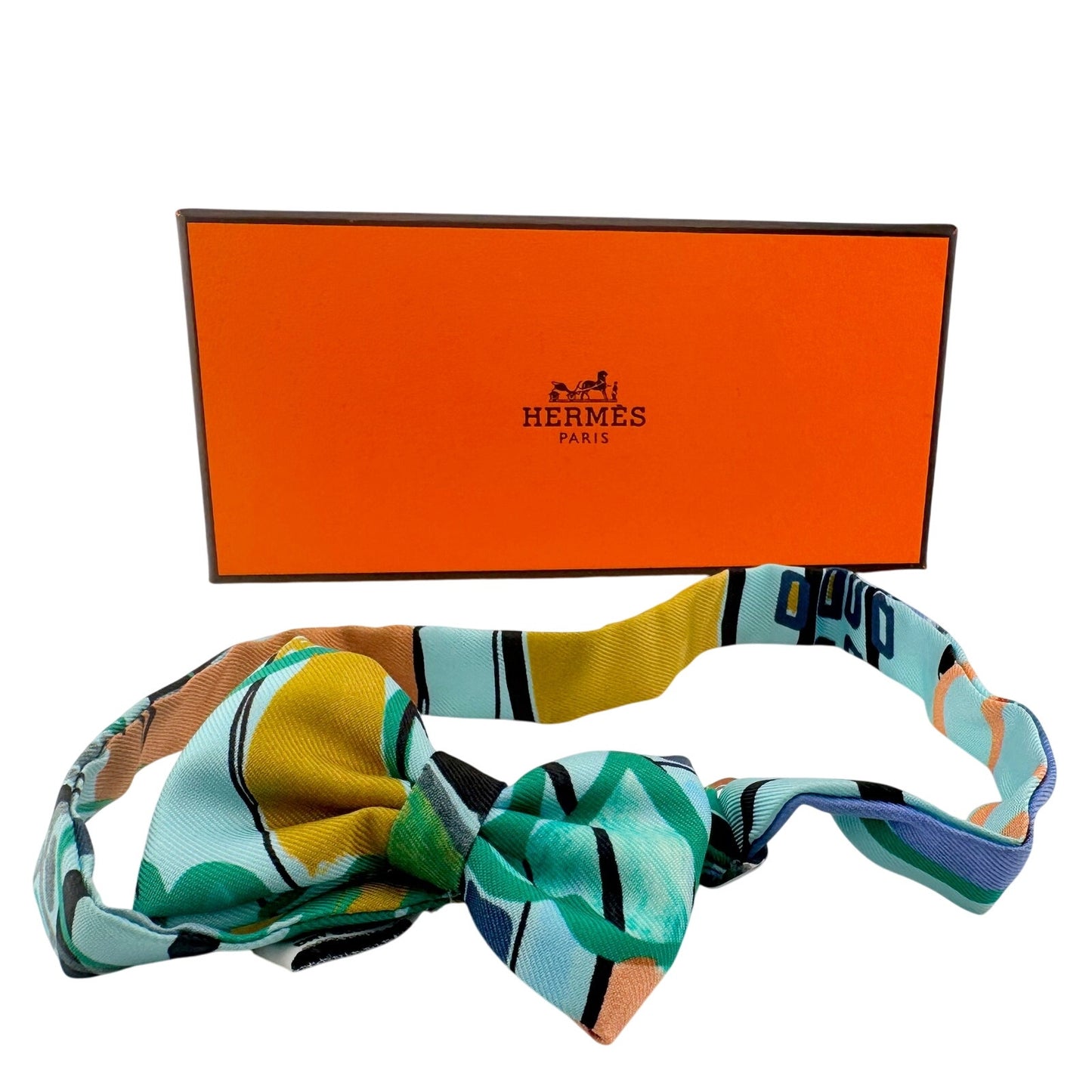 Hermès Green, Yellow, Orange, Aqua and Teal Silk Bow Tie with Box