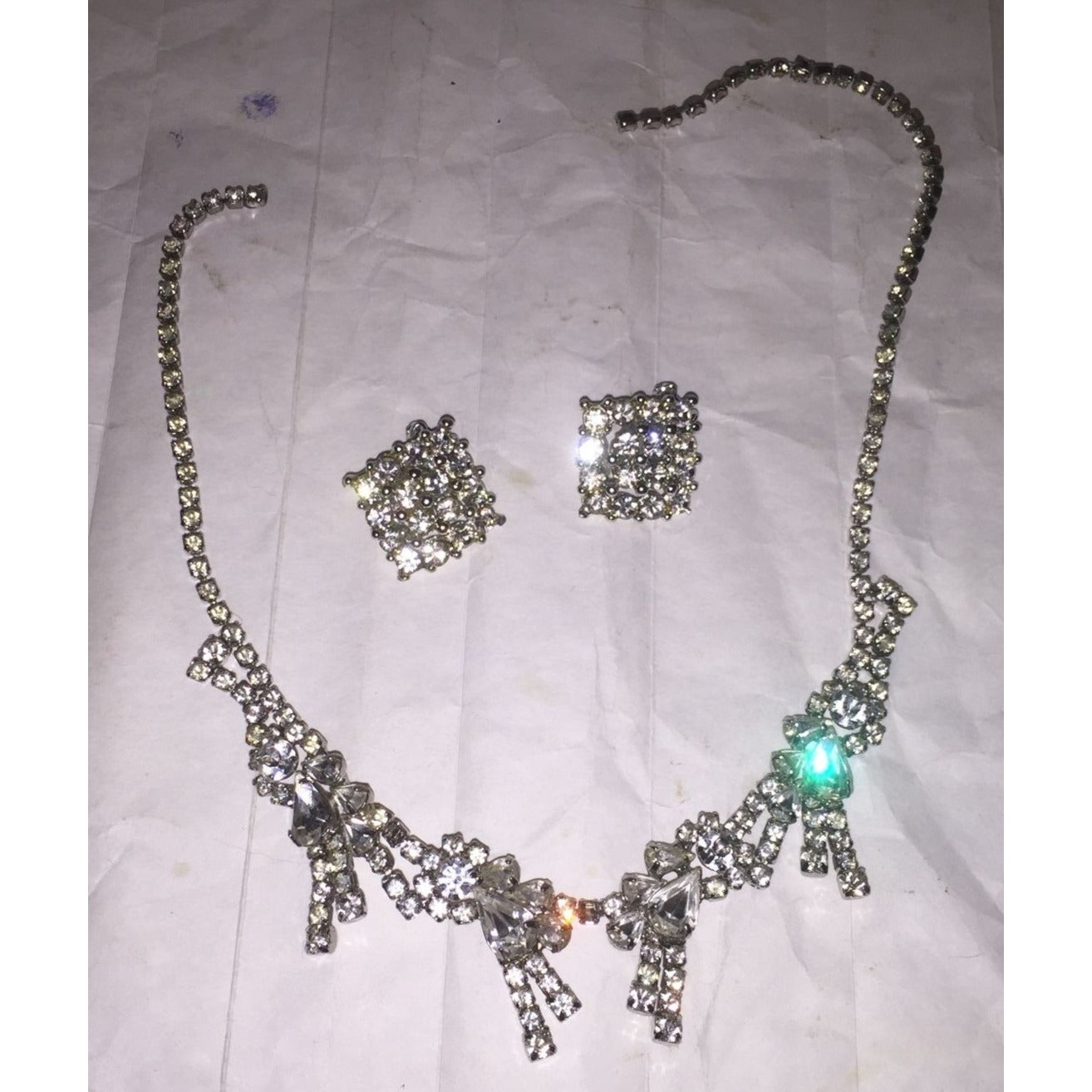 Womens Sparkly Rhinestone Necklace and Matching Clamp/Clip On Squared Earrings