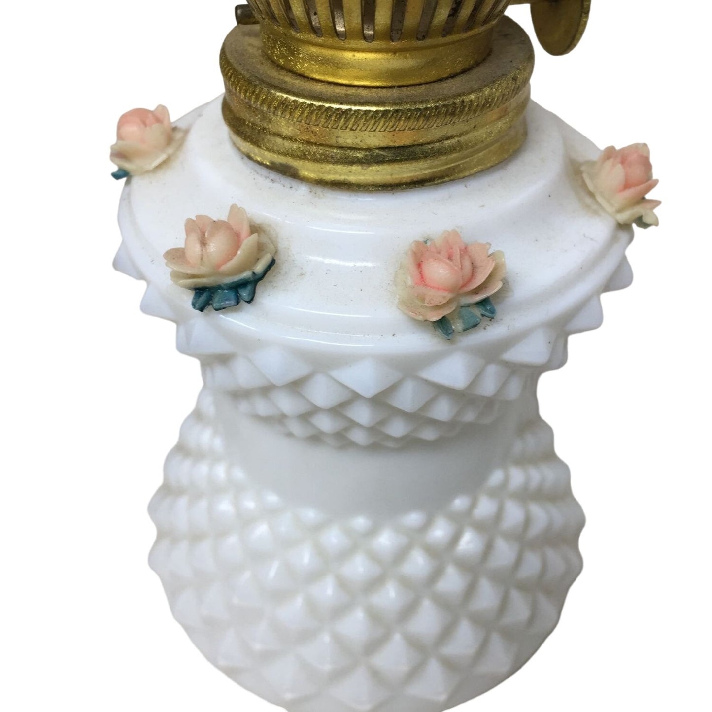 Oil Lamp- White with Pink Roses and Diamond Pattern 8.5 inches Tall