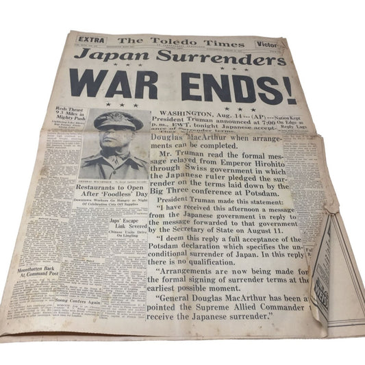 The Toledo Times Vintage Collectible Newspaper Japan Surrenders War Ends! 8/15/1945