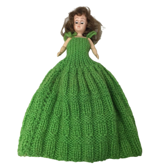 Vintage Collectible Doll With Brown Hair, Wearing Green Crocheted Dress