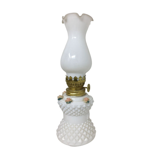 Oil Lamp- White with Pink Roses and Diamond Pattern 8.5 inches Tall