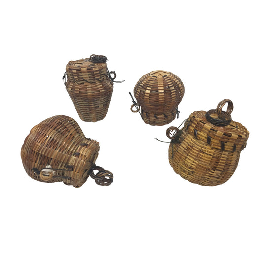 Four (4) Small Brown Handmade Wicker Baskets