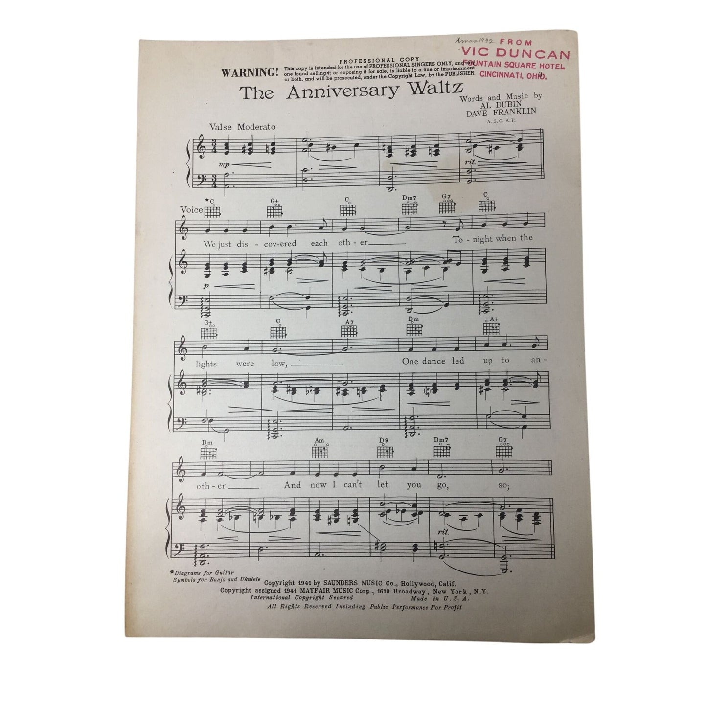 1941 vintage sheet music copy of "The Anniversary Waltz" A+ Stuff  A+ Stuff SHEET MUSIC