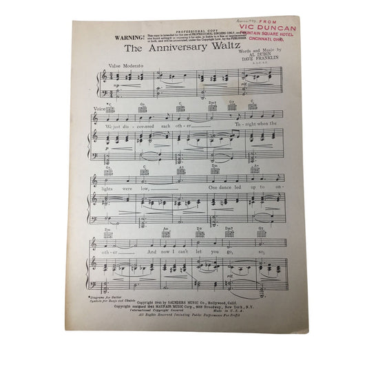1941 vintage sheet music copy of "The Anniversary Waltz" A+ Stuff  A+ Stuff SHEET MUSIC