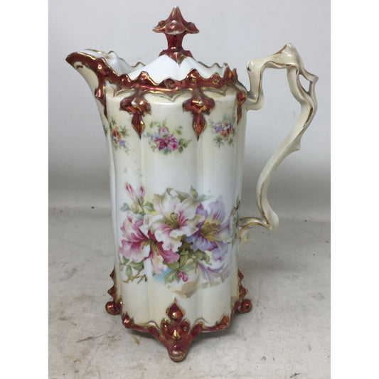 Vintage Floral Hand Painted Footed Pitcher/Tea Pot with Spout, Handle & Lid