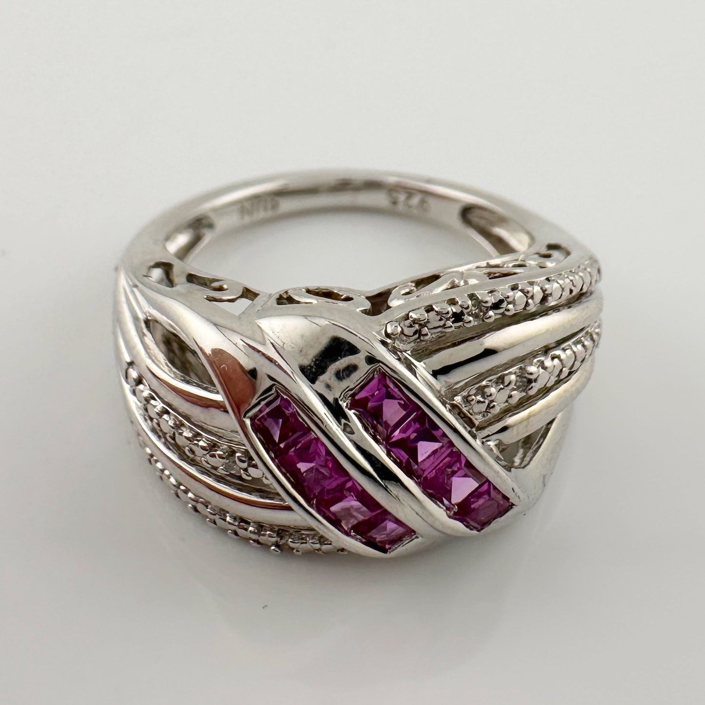 Detailed Lab Created Pink Sapphire and Sterling Ring - Size 7