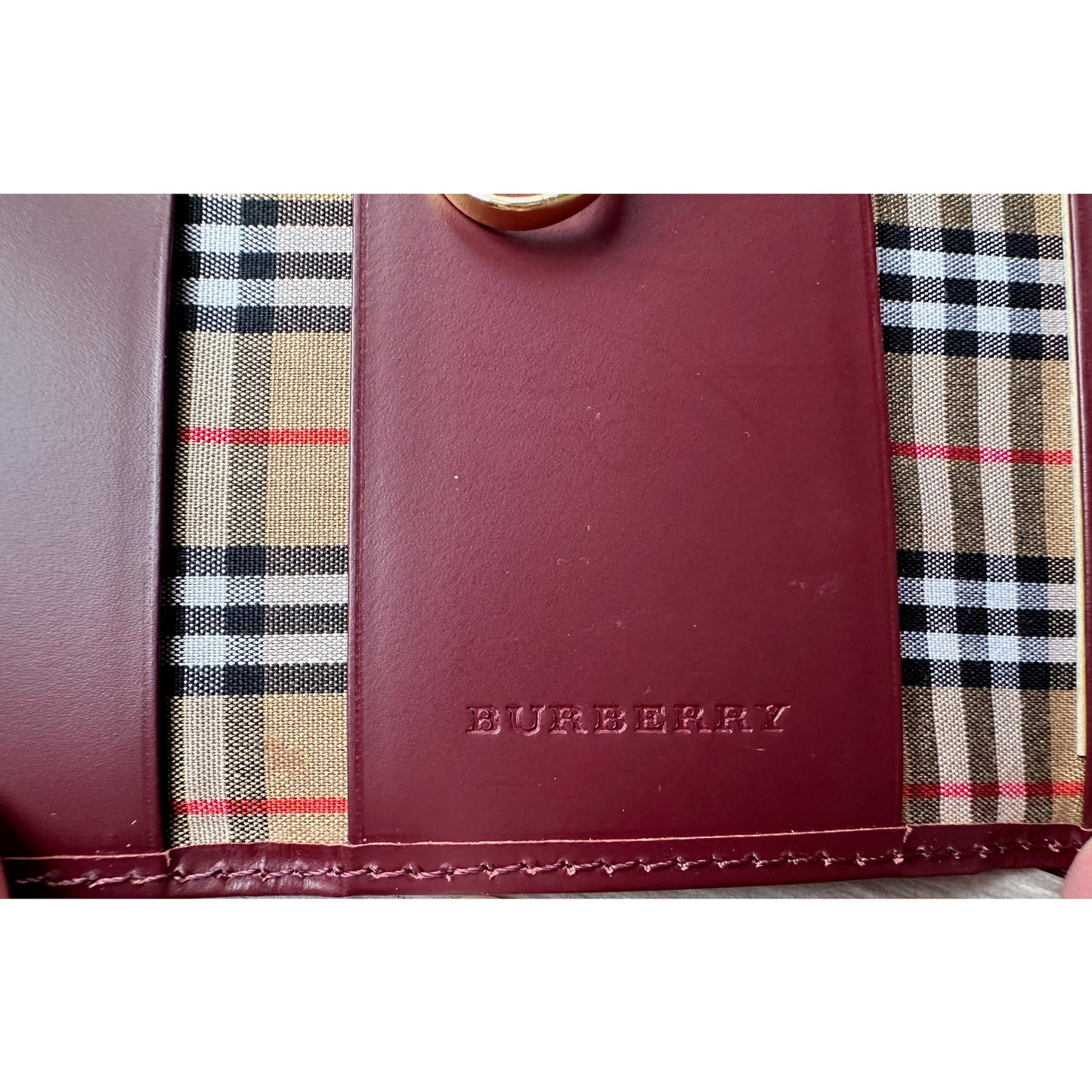 Burberry Burgundy Leather Key  Holder with Nova Check Accents