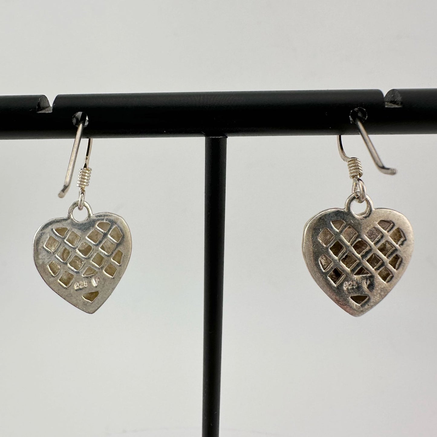 Sterling Silver Heart Dangle Earrings with Small Genuine Diamond in Center