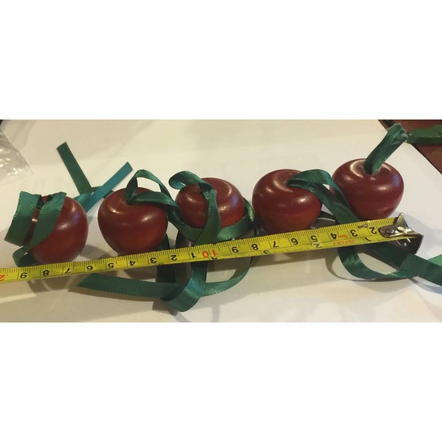 Set of 5 Christmas Ornaments- Wood Cherries/Apples Red with Green Ribbon - A+ Stuff
