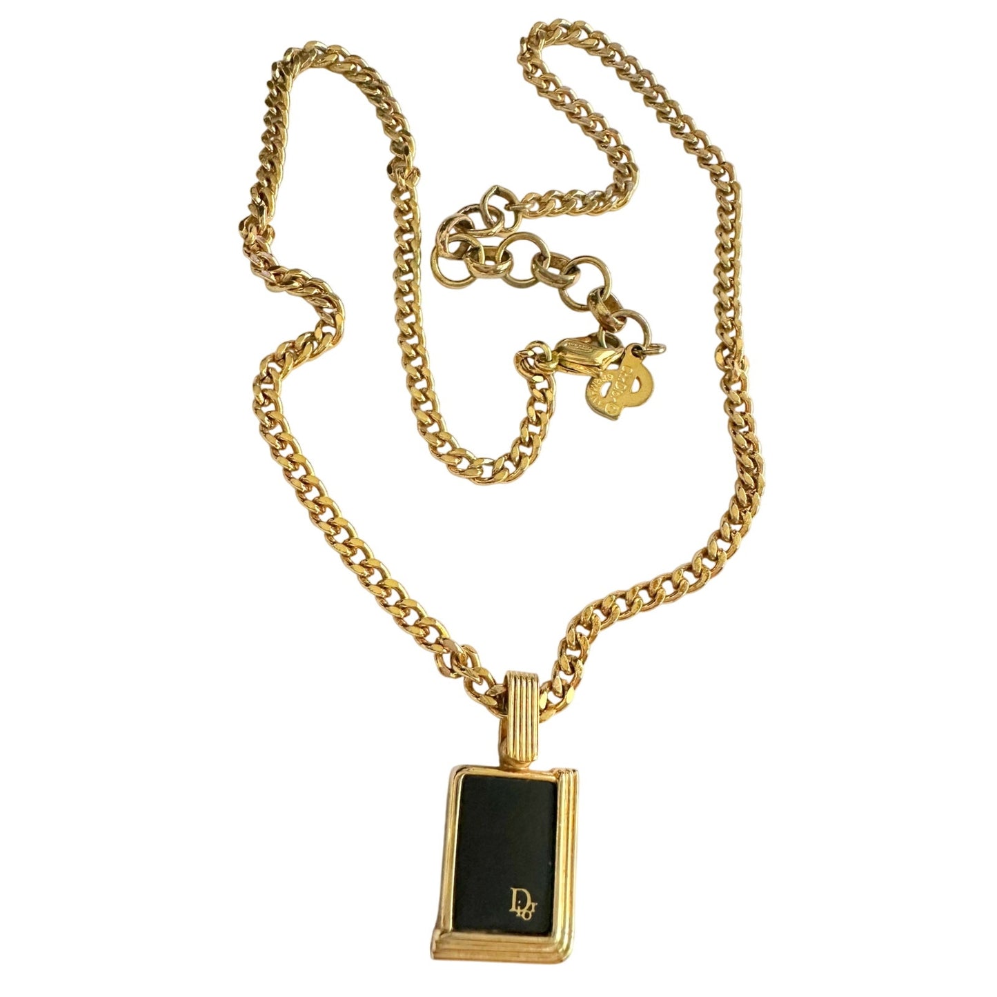 Christian Dior Black Logo Plate Necklace Gold Plated