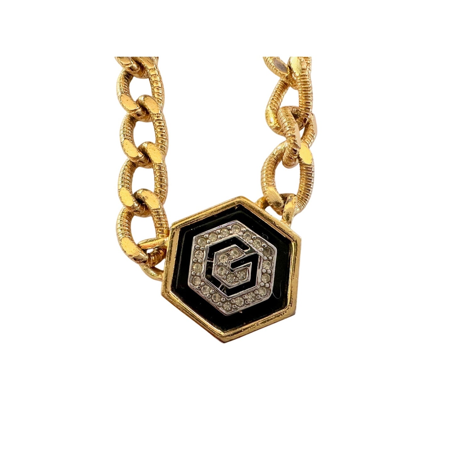 Givenchy Necklace with "G" in Hexagonal Pendant of Black Enamel and Rhinestones