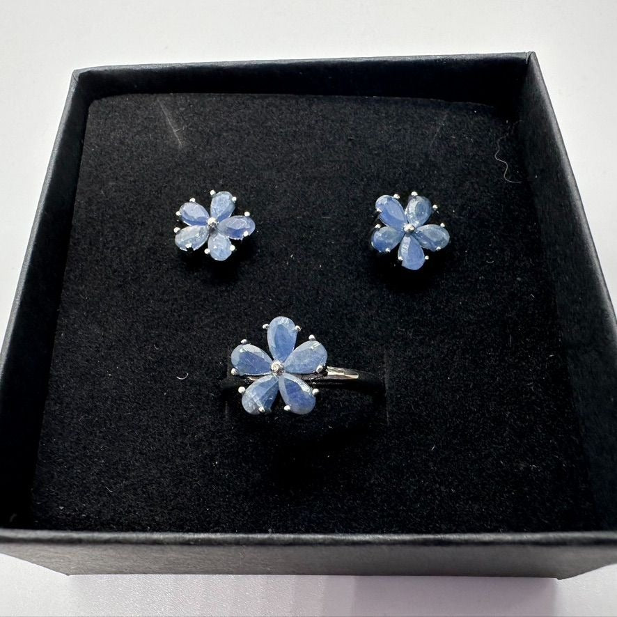 Simple & Sweet - Sapphire Flower Jewelry Set - Dinner Ring and Stud Earrings