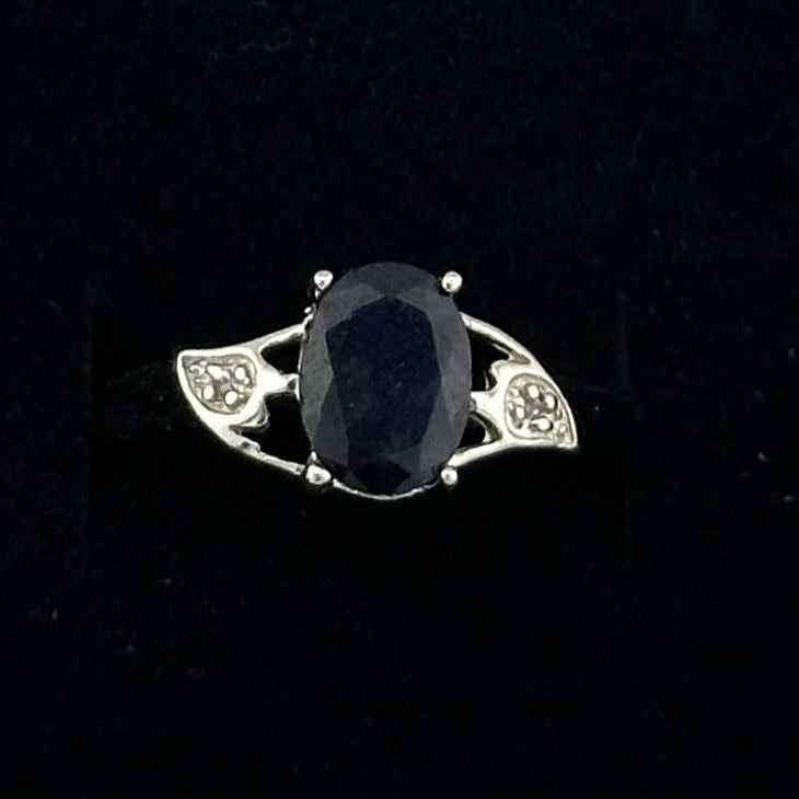 Black Sapphire and Diamond Accent Oval Ring - Sterling Silver - Size 7 - Simple Beauty!