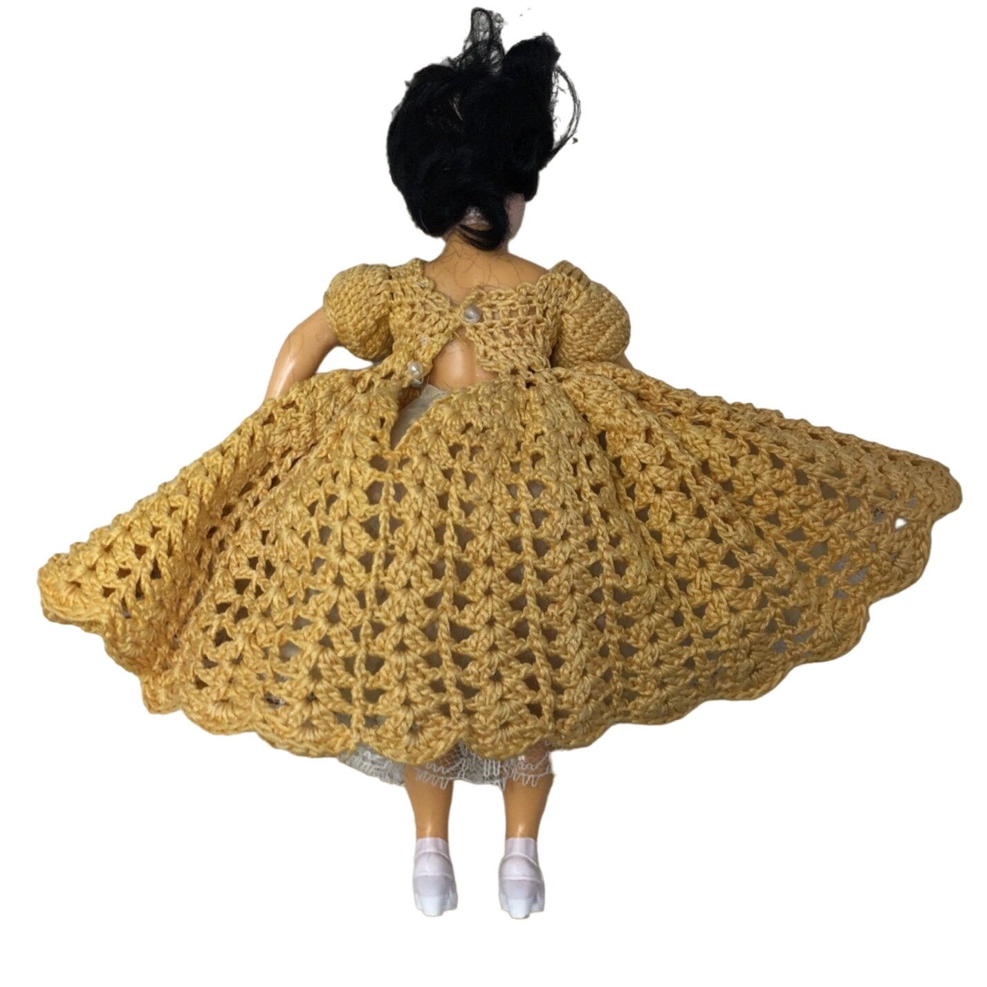 Vintage Collectible Doll Black Hair/Blue Eyes, Wearing Yellow Crocheted Dress & Hat