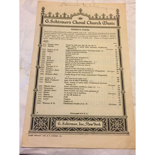 Vintage G. Schirmer's Choral Church Music Sheet music