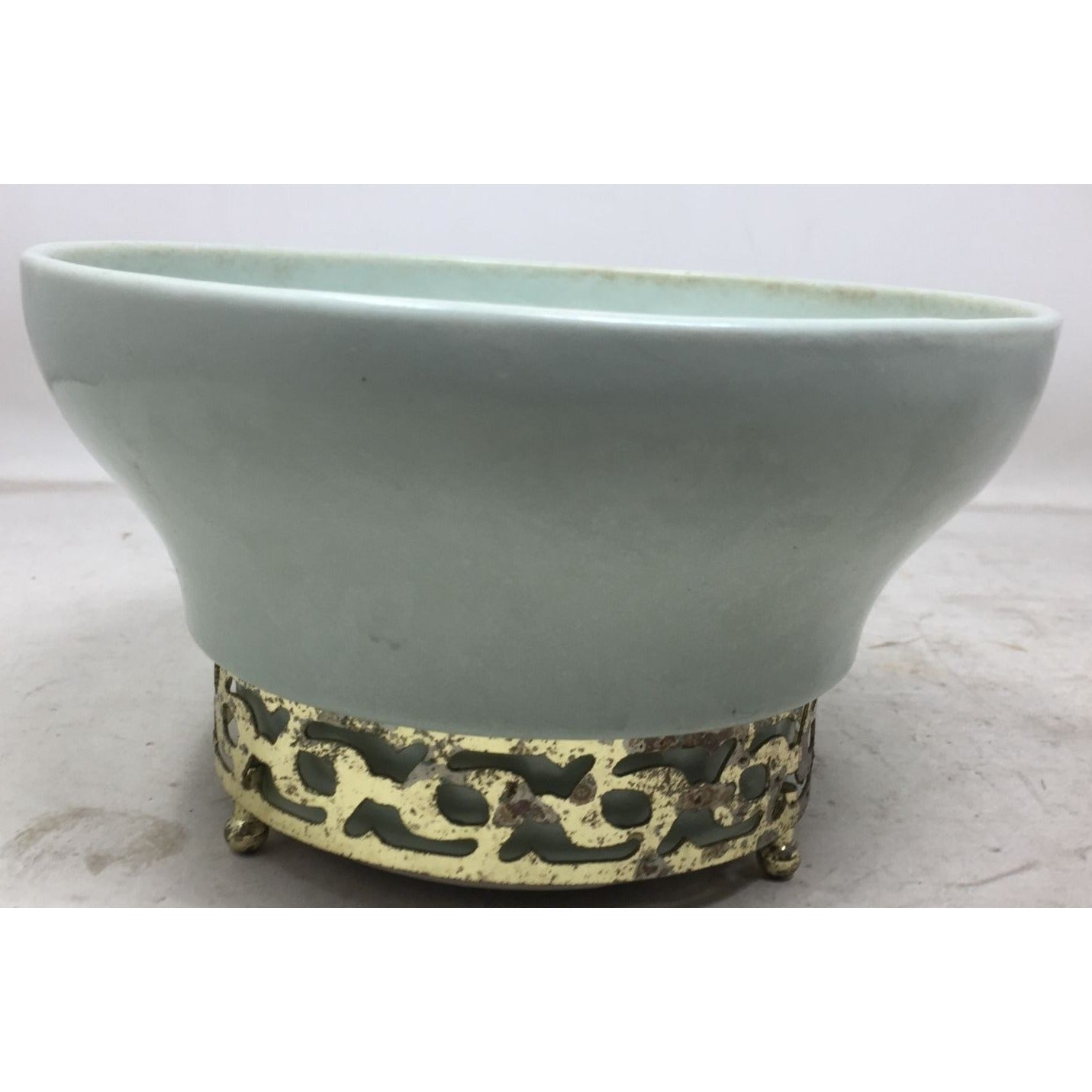 Vintage 7" Ceramic Light Green/Gold Metal Footed Bowl