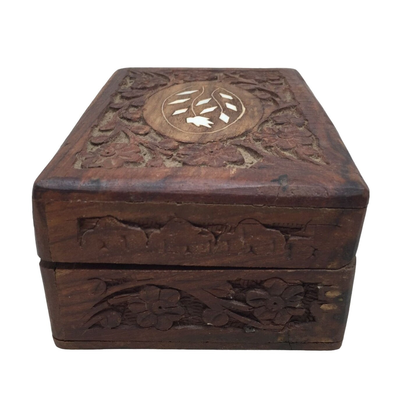 Hand Carved Brown Wooden Trinket Box/Jewelry Box